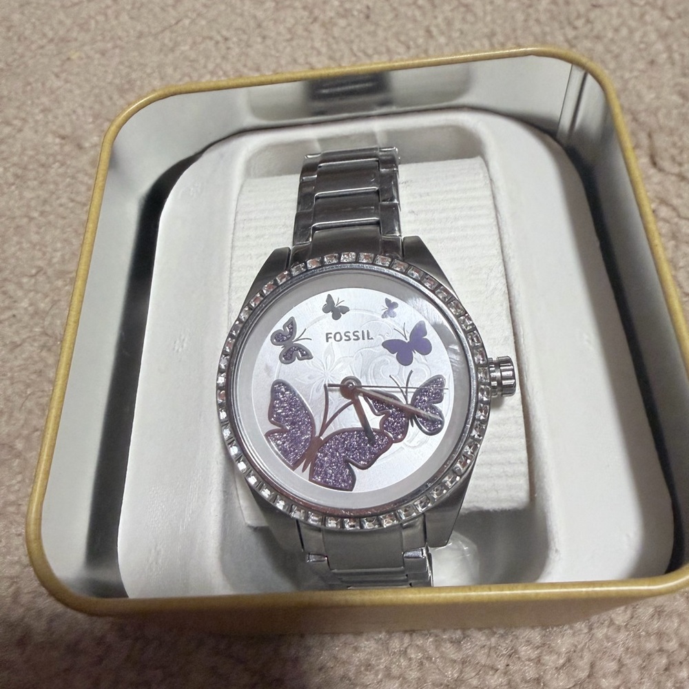 Fossil Silver and Purple Butterfly Watch